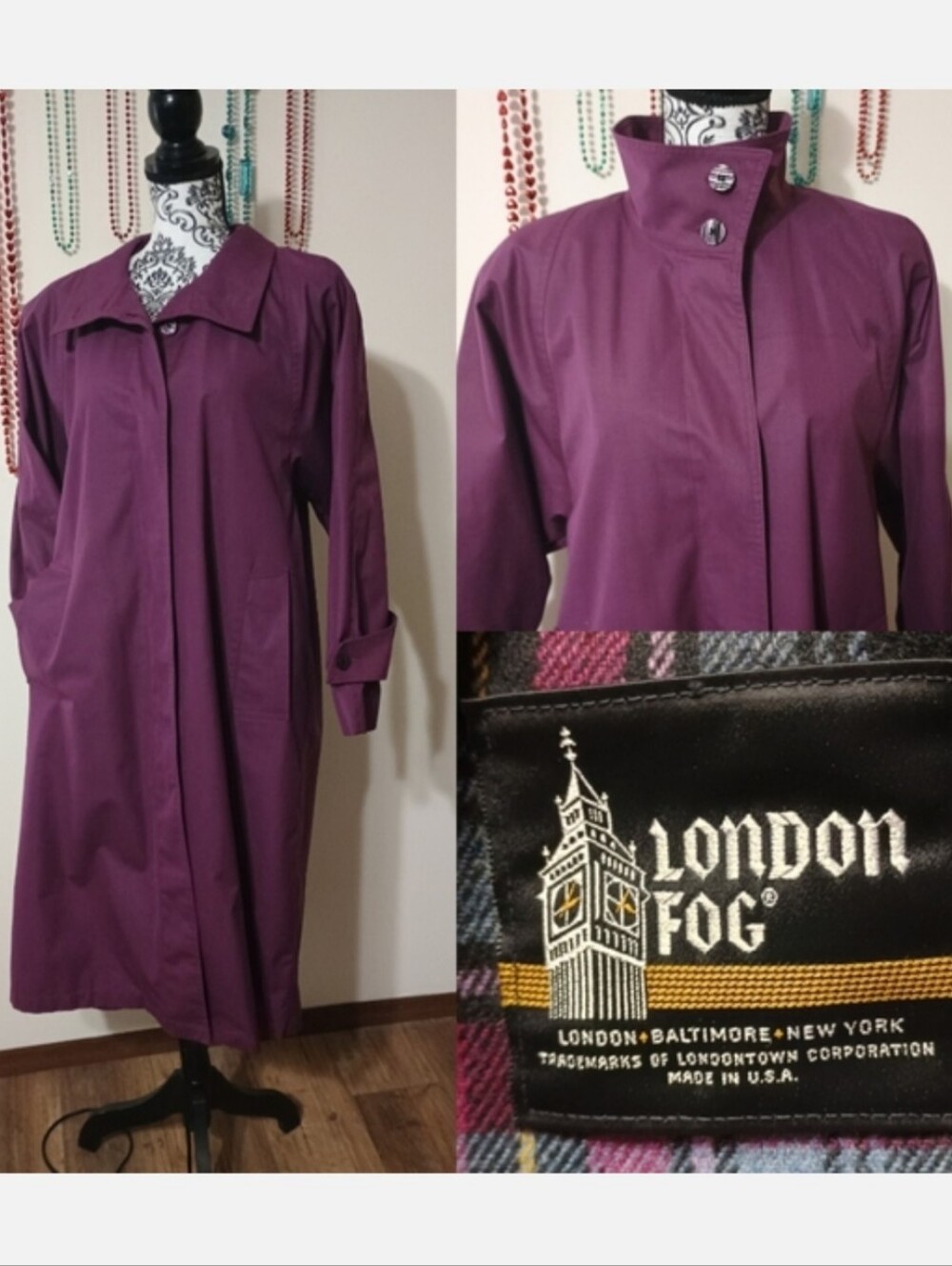 Vintage London Fog Beltless Midi Trench Coat Purple Size 6